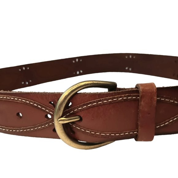 Eddie Bauer Brown Leather Belt Cutouts Stitching Brass Buckle Size Medium - Picture 2 of 13